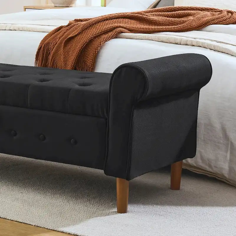 62  Bedroom Tufted Button Storage Bench, Modern Fabric Upholstered Ottoman, Window Bench, Rolled Arm Design for Bedroom