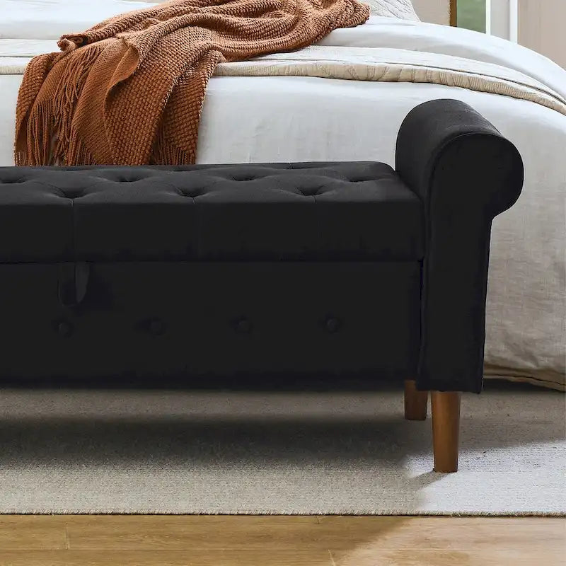 62  Bedroom Tufted Button Storage Bench, Modern Fabric Upholstered Ottoman, Window Bench, Rolled Arm Design for Bedroom