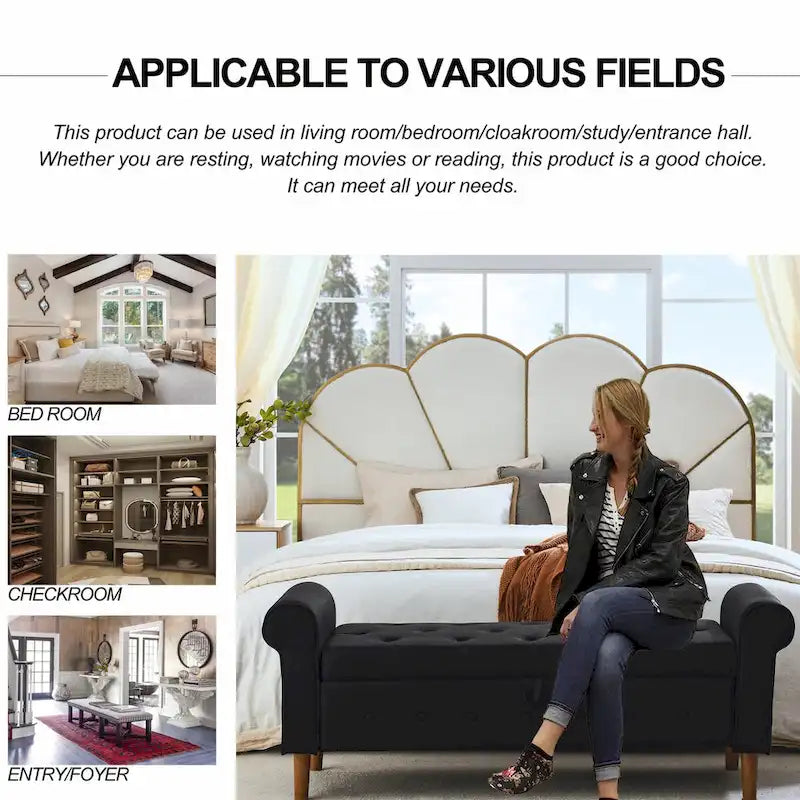 62  Bedroom Tufted Button Storage Bench, Modern Fabric Upholstered Ottoman, Window Bench, Rolled Arm Design for Bedroom
