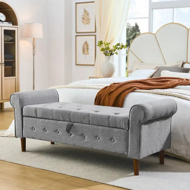62  Bedroom Tufted Button Storage Bench, Modern Fabric Upholstered Ottoman, Window Bench, Rolled Arm Design for Bedroom