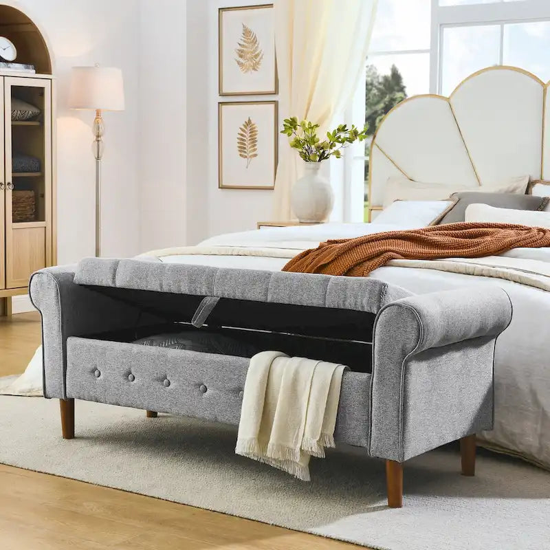 62  Bedroom Tufted Button Storage Bench, Modern Fabric Upholstered Ottoman, Window Bench, Rolled Arm Design for Bedroom
