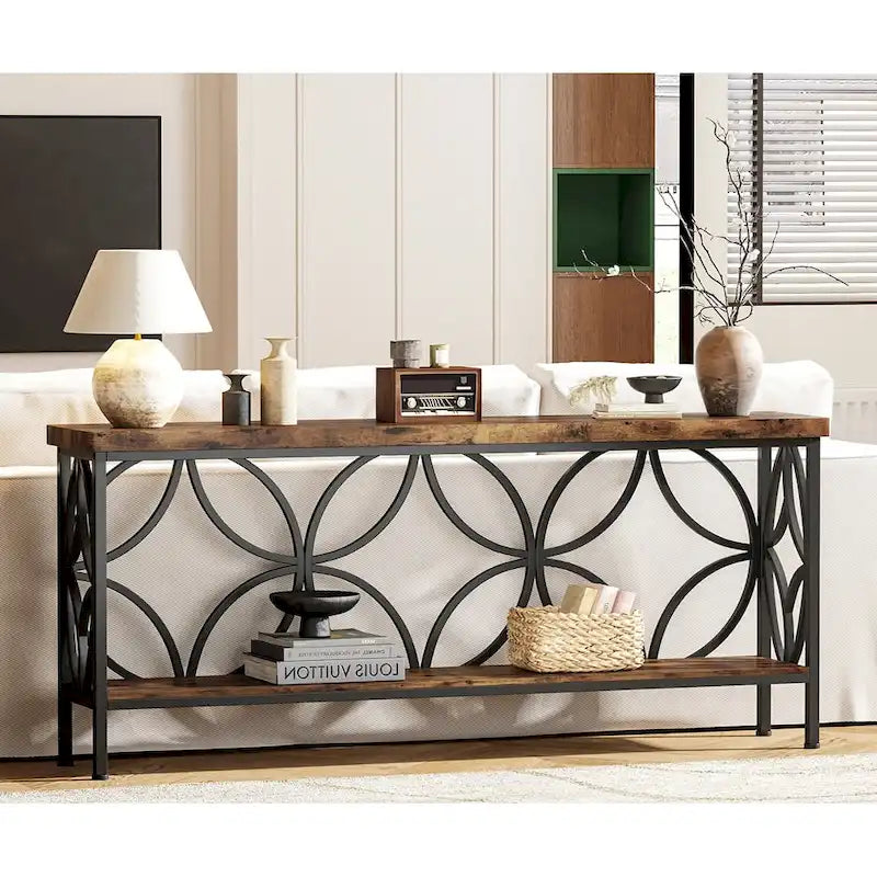 Extra Long Sofa Table with Metal Frame & Rustic Wood Finish - 70.86  L x 11.81  W x 31.88  H