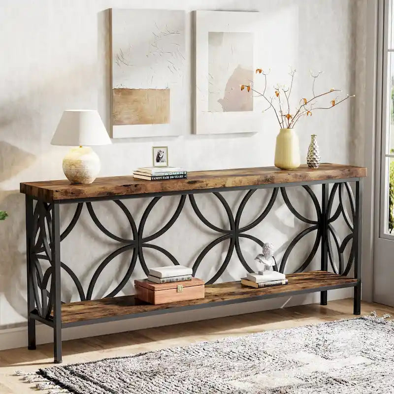 Extra Long Sofa Table with Metal Frame & Rustic Wood Finish - 70.86  L x 11.81  W x 31.88  H
