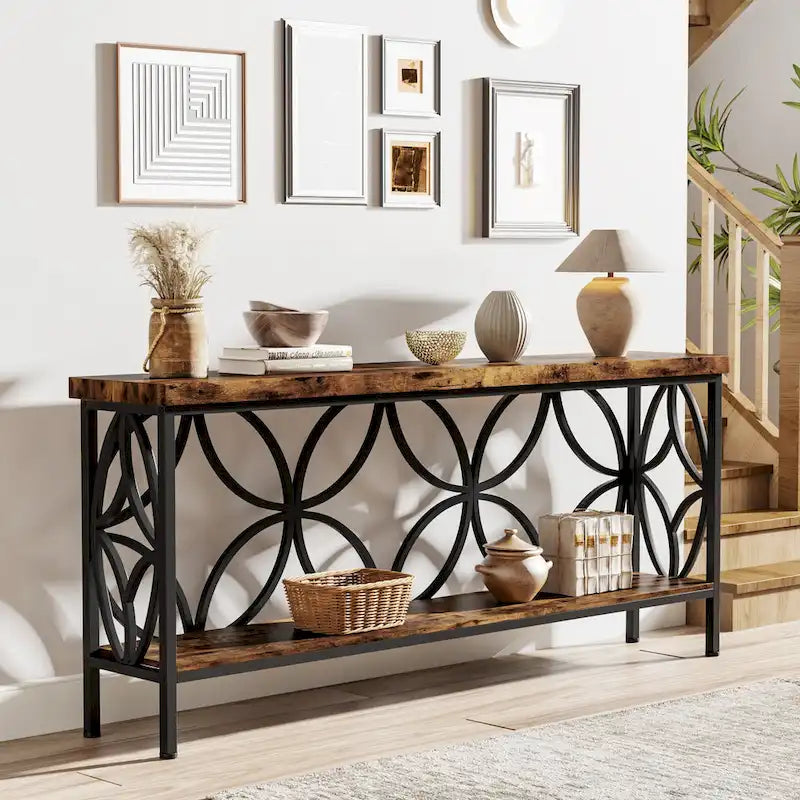 Extra Long Sofa Table with Metal Frame & Rustic Wood Finish - 70.86  L x 11.81  W x 31.88  H
