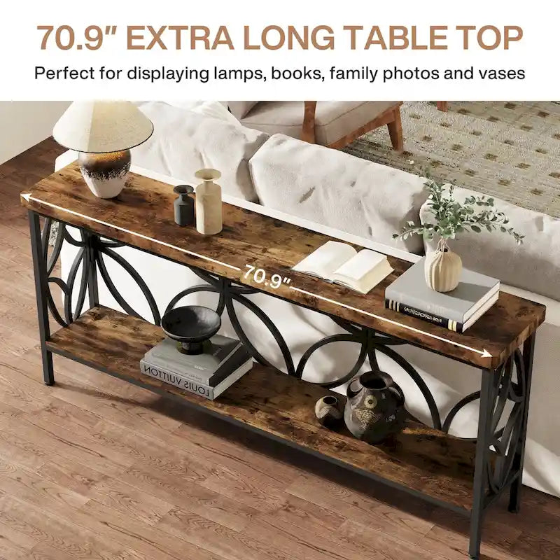 Extra Long Sofa Table with Metal Frame & Rustic Wood Finish - 70.86  L x 11.81  W x 31.88  H