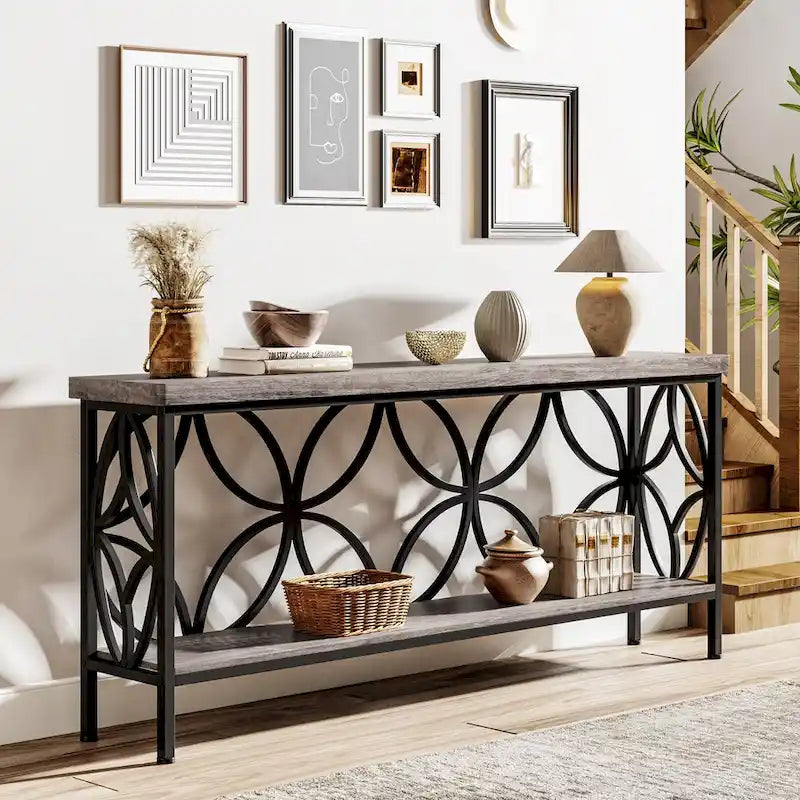 Extra Long Sofa Table with Metal Frame & Rustic Wood Finish - 70.86  L x 11.81  W x 31.88  H