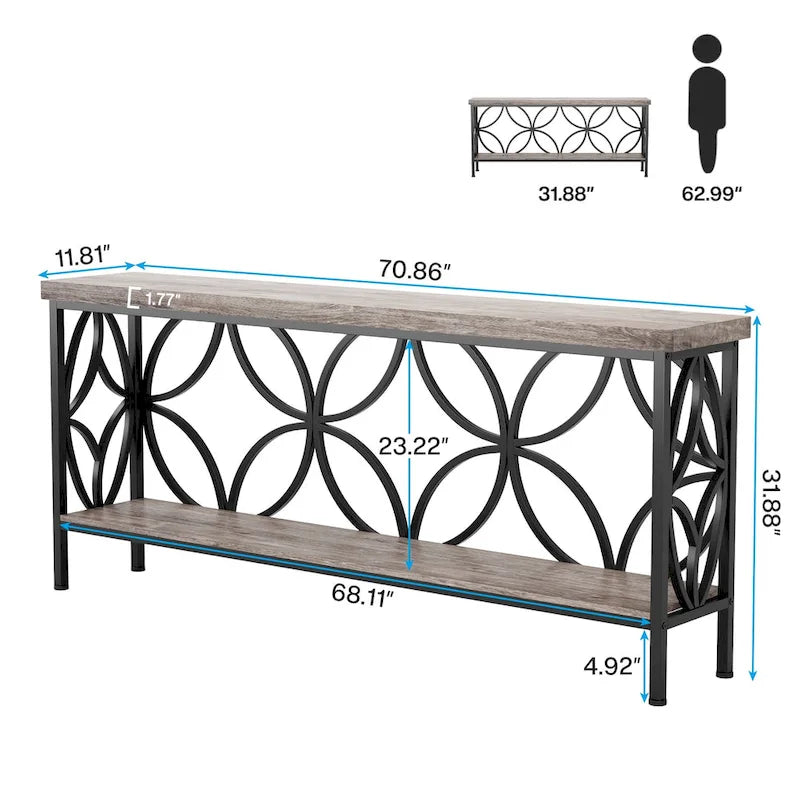 Extra Long Sofa Table with Metal Frame & Rustic Wood Finish - 70.86  L x 11.81  W x 31.88  H