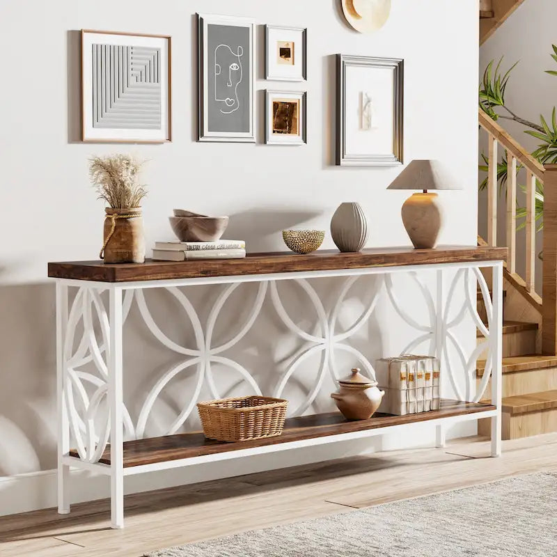 Extra Long Sofa Table with Metal Frame & Rustic Wood Finish - 70.86  L x 11.81  W x 31.88  H